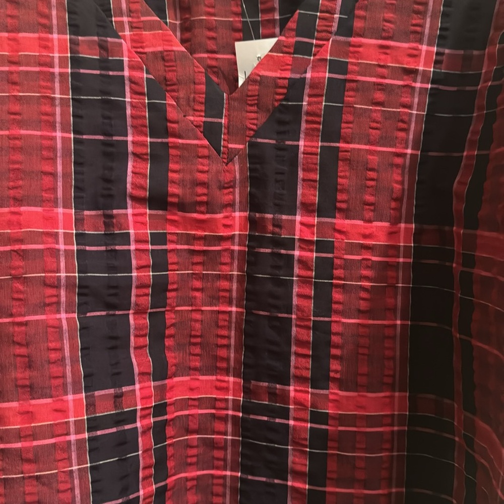 LOFT Plaid‎ Ballon Sleeve V Neck Top Size Medium NWT - Picture 5 of 5